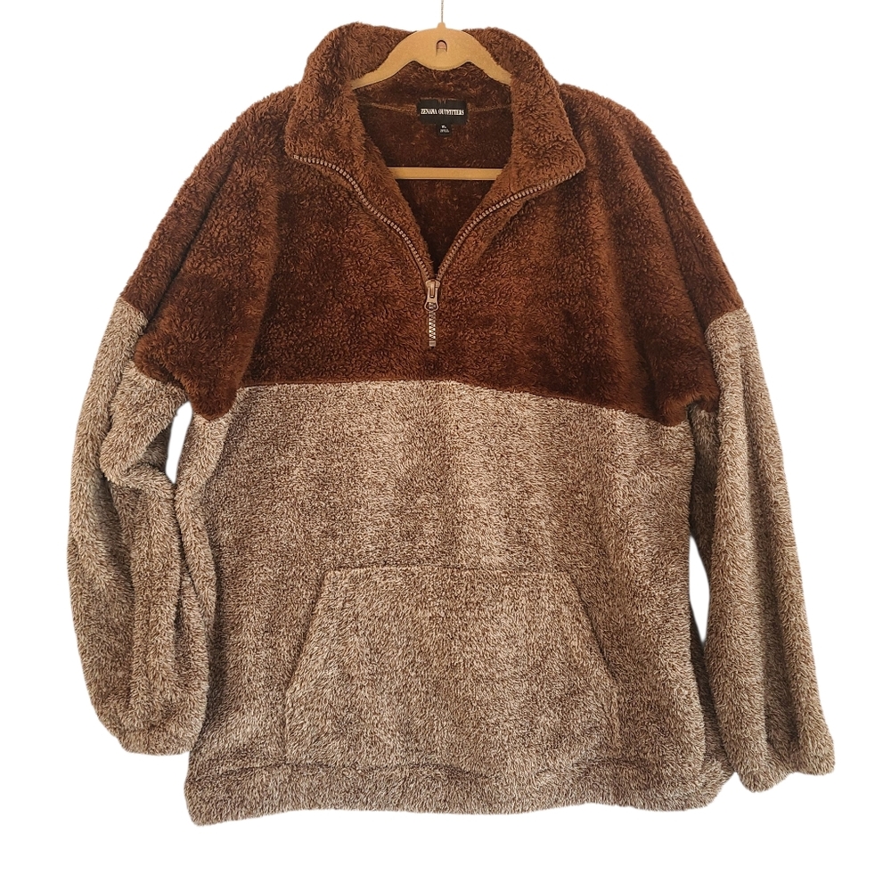 Zenana 2-Tone Brown Quarter Zip Fleece Pullover Sweater XL Cozy